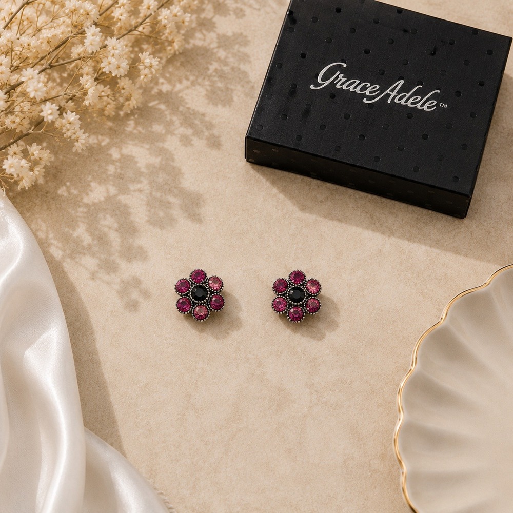 NWOT Grace Adele Pink Purple Crystal Flower Stud Earrings Floral Studs